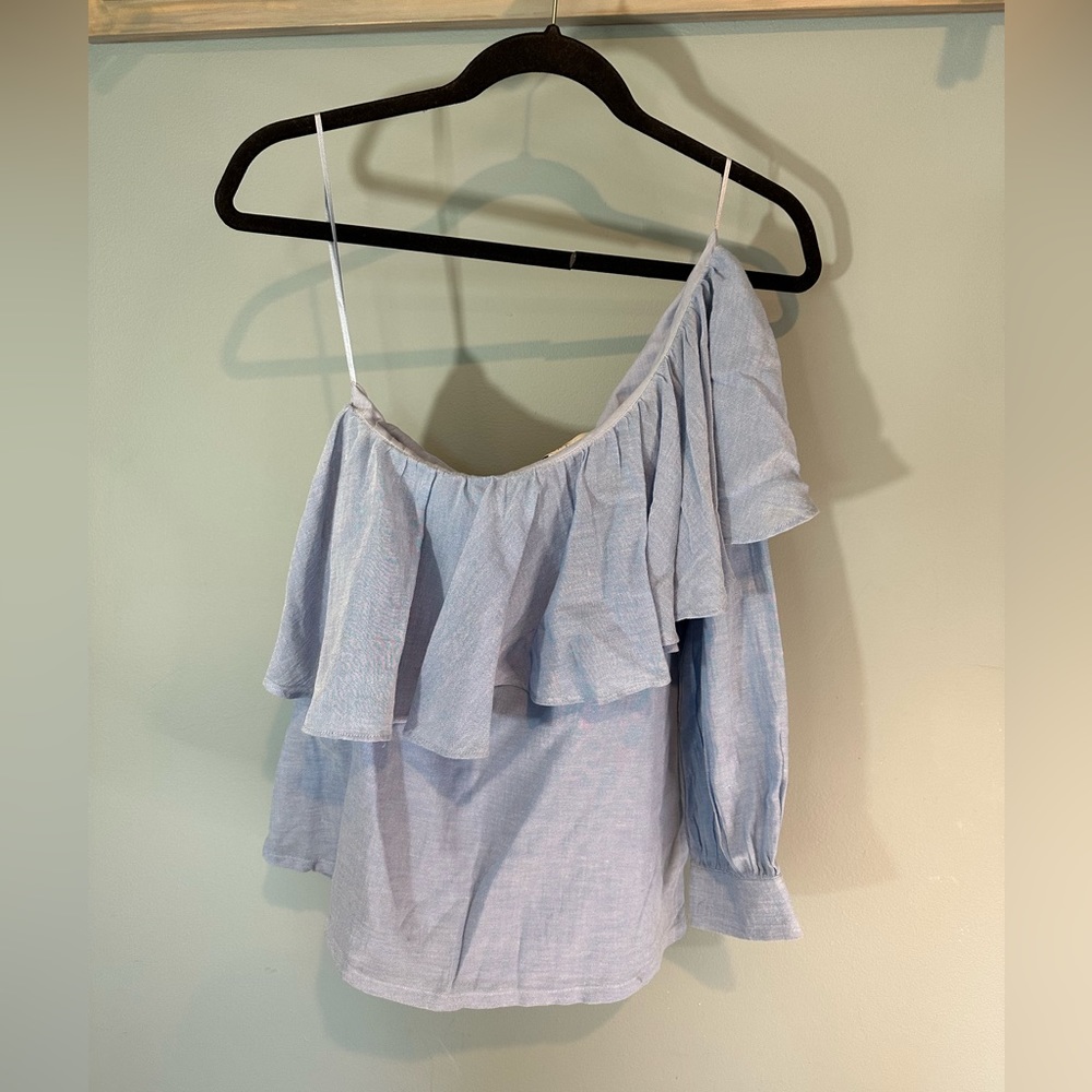 LOFT One Shoulder Quarter Sleeve Linen Blouse with Frills in Light Blue